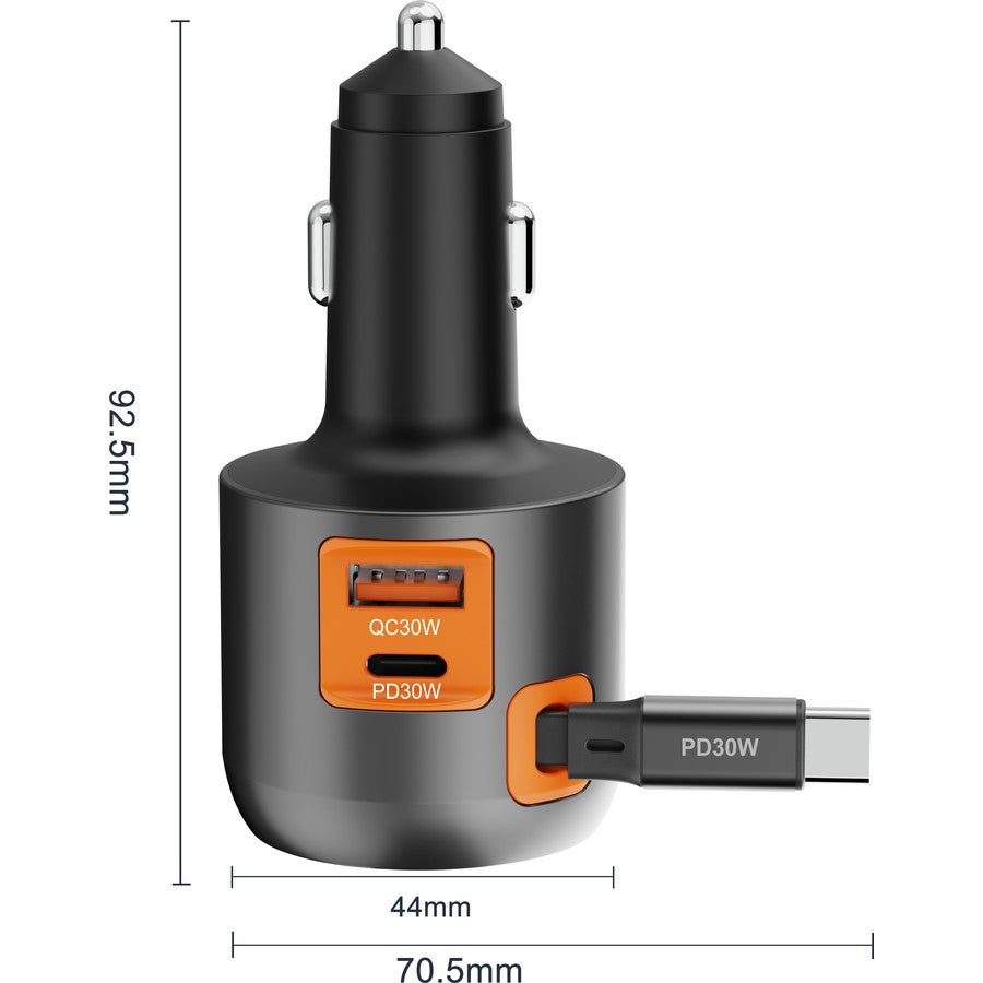 🔌 ACDC 60W 3-in-1 Car Charger with 70 mm Retractable Cable (PD + Dual Ports)