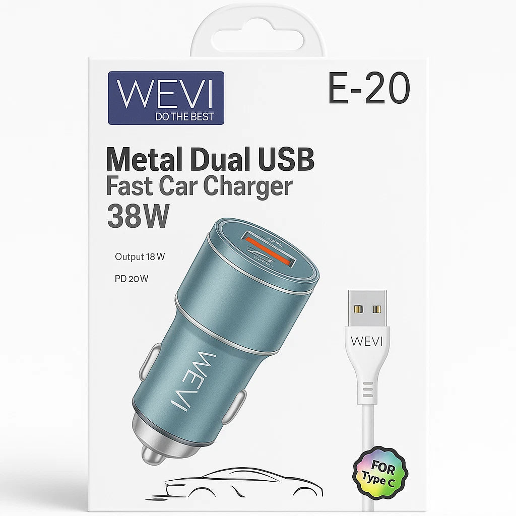 ACDC 38W Dual Port USB Car Charger with USB-C Cable – PD 20W + QC 3.0 18W